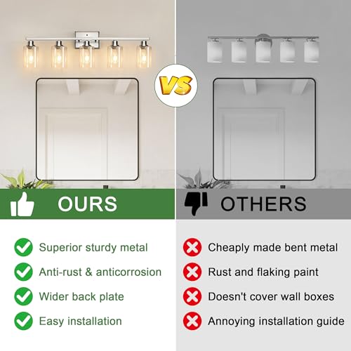 Image of Ascher Bathroom Light Fixtures, 5-Light Vanity Lights with Clear Glass Shade, Modern Brushed Nickel Wall Light for Mirror Bedroom Hallway Cabinet Porch