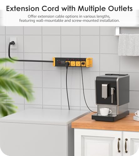 Image of CCCEI 2PCS Heavy Duty Power Strip Surge Protector 20 AMP Individual Switches. 12 Gauge Extension Cord with Multiple Outlets. Garage, Shop, Industrial Wall Mount Electric Extender. 4FT, Yellow.