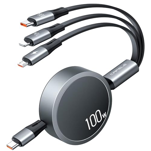 Azonee Multi Charging Cable [Travel Companion] 100W Retractable Charging Cable, 3in1 Charging Cable Multiple, with Type C/Micro USB/IP for Samsung S23 S22 S21, Phone 14 13 12, Pad Pro, Mac (4ft)