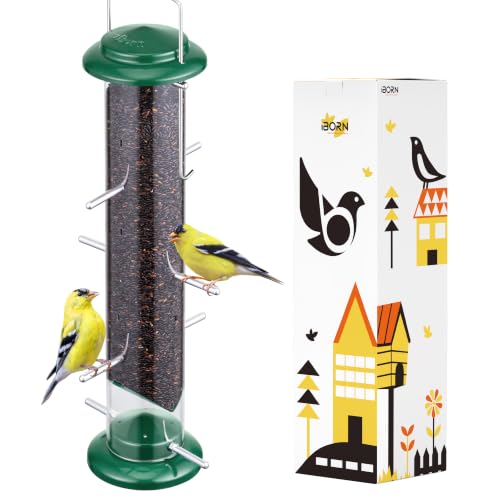iBorn Nyjer & Thistle Bird Feeder for Outdoors Hanging，Finch Feeders for Outside，Metal Tube Bird Feeder 14 Inch with 12 Small Ports,8 Metal Perches,Green
