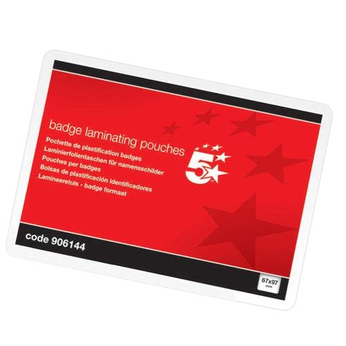 5 Star Office Laminating Pouches 250 Micron for Badge Size [67x97mm] Gloss [Pack 100] + Free finchley Refill Pen (6)