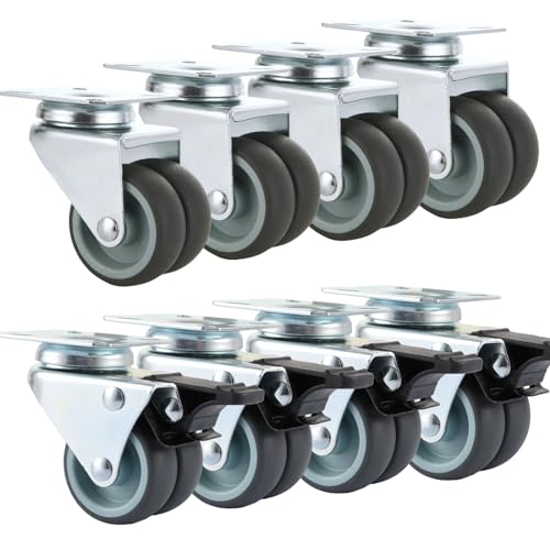 LOPYXBR Lot de 8 roulettes pour meuble - 50 mm - Avec frein - Jusqu'à 220 kg - Roulettes pivotantes - Doubles roulettes pour meubles d'intérieur et d'extérieur - En TPR (4 avec freins + 4 sans frein)