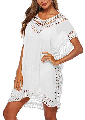 HaniLav Saída de praia feminina com decote em V, vazado, crochê, chiffon, saída de praia, Branco, On