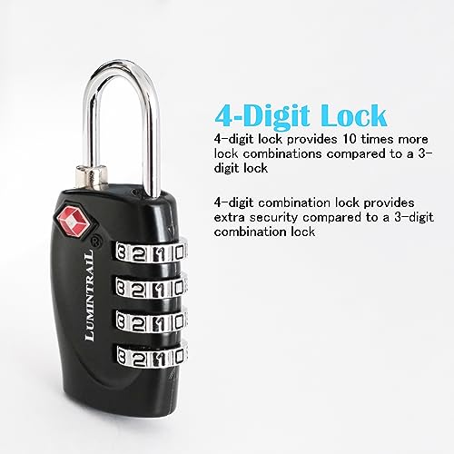 Lumintrail TSA Approved Locks, 4 Digit Combination Luggage Locks TSA Approved, Travel Locks for Luggage & Suitcase with 4-FT Steel Cable, Black, 1 Pack3