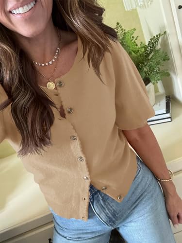 Image of Saodimallsu Womens Puff Short Sleeve Cardigan Lightweight Summer Button Down Shirts Knit Crew Neck Sweater Tops