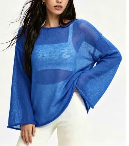 Image of Sweters for Women, Womens Sweater, O-Neck Solid Color See Through Pullover Jumper Shirt Beach