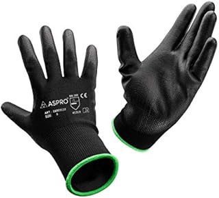 ASPRO Pack of 10 or 20 or 30 Work and Gardening Gloves,Black Nylon PU Coated Workwear Gloves for Builder, Gardener, Mechanic, Construction, Warehouse