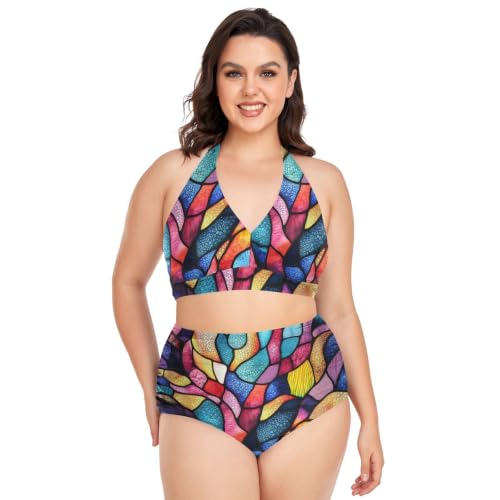 Bikini grande taille col lasso imprimé corail de mer taille haute