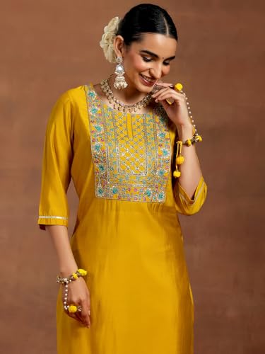 Image of Gerua Mustard Yoke Design Straight Suit With Dupatta