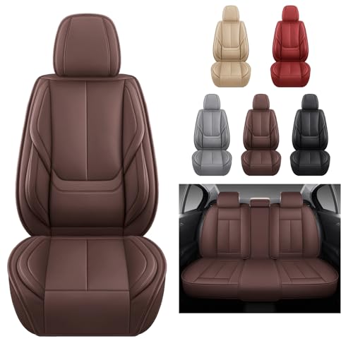 Image of MINGBRON Car Seat Covers Full Set, Car Seat Cover Lumbar Support, Car Seat Protector Waterproof, Nappa Leather Car Seat Cushion, Front Seats and Back Fit for Most Cars Brown