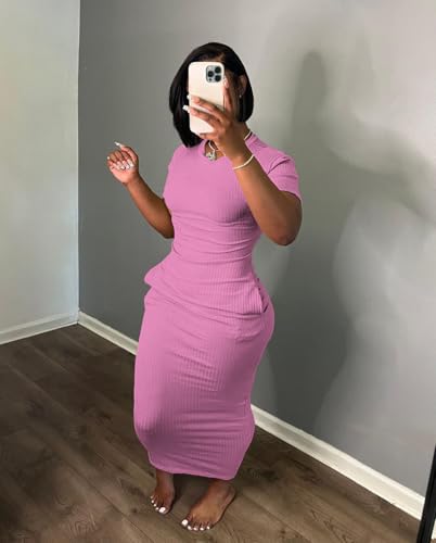 Image of Women's Casual Short Sleeve Dress T Shirt Bodycon Dresses Ribbed V Neck Maxi Sundress Basic Party Club Dress with Pocket