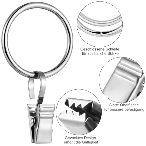 Realure 50 Stück Edelstahl Gardinenringe mit Clips, Silber Vorhangringe mit Clips, Gardinenklammern mit Ø 30 mm Metall Gardinenringe für Vorhänge, Gardinenstangen, Duschvorhang, Fotos und Licht
