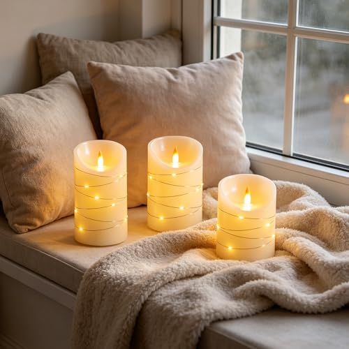 Image of Rechargeable LED Candles, Real Wax, 4 5 6 in, Ivory, 3 Pack | USB rechargeable real wax candles with remote, timer and star lights