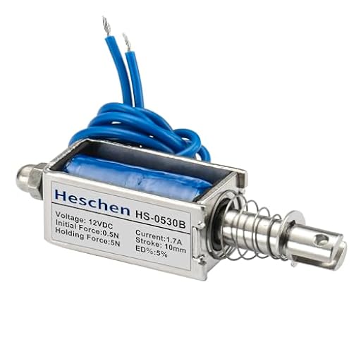 Heschen Electromagnético solenoide CC, Tipo de empuje y tracción, HS-0530B, DC12V 1.7A, Acción de 10 mm, Fuerza inicial 0.5N, Fuerza máxima de mantenimiento 5N, Marco abierto, Movimiento lineal | Ya disponible en tu tienda friki favorita! En mundofriki.es!
