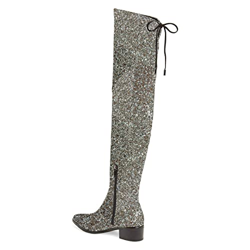 Xyd Women Trendy Over The Knee Boots Flats Pointed Closed Toe Thigh High Block Low Heels Tie Back Lace Side Zipper Slouchy Dressy Casual Long Booties Size 12 Glitter #TOP1