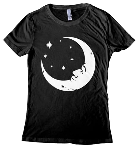 Moon Face - Mystical Crescent Moon and 7 Stars Women's T-shirt with Silver Metallic Screen Print (39" #14 1X, Slim-Fit, Black)