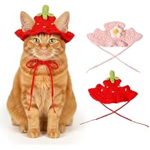 2Pcs Hat for Cat, Cat Hats for Cats Only Cotton & Soft Cute Knitted Hats Cats Apparel for Birthday Party Christmas Easter Travel Clothes Accessories Strawberry and Flower