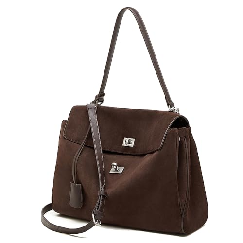MOSAMHUA Bolso Tote de Piel de Ante Auténtica Mujer, Bolso de Mano Estilo Kelly de Gran Capacidad, Bolso de Hombro de Cuero Nubuck, Bolso de Axila Vintage para Trabajo y Diario Marrón oscuro1 MOSAMHUA Bolso Tote de Piel de Ante Auténtica Mujer, Bolso de Mano Estilo Kelly de Gran Capacidad, Bolso de Hombro de Cuero Nubuck, Bolso de Axila Vintage para Trabajo y Diario Marrón oscuro1
