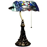 RHLAMPS Banker Lamp Tiffany Desk Lamp Blue Dragonfly Style Stained Glass Table Lamp, Adjustable Luxu