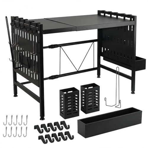 HomeLuxWorld Mikrowellen Regal stehend – 2-stufiges Metallregal schwarz mit Lochmuster, stabiles & verstellbares Küchenregal für Mikrowelle, Toaster & Küchengeräte, rutschfest & platzsparend