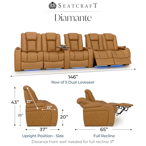 Image of Seatcraft Diamante Tan Oak Italian Leather Home Theater Seating, Zero Gravity Power Recliner Gaming and Home Office Chair Powered Headrest Lounge Sofa Furniture for Cinema Room Row of 5 Dual Loveseats