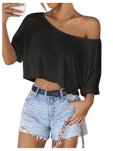 SweatyRocks Women's Asymmetrical Neck Cropped T Shirts Dolman