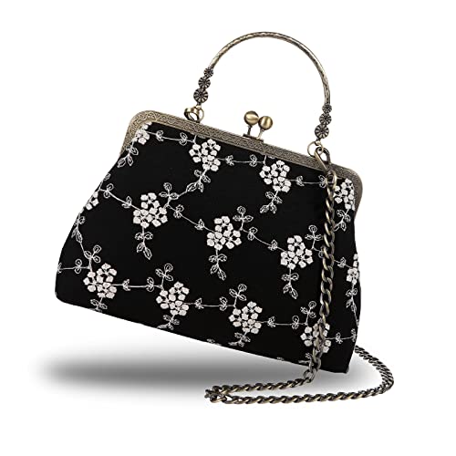 Floral Top-Handle Handbag, Kiss Lock Evening Bag for Women, Vintage Purse with Chain, Women's Retro Clutch Bag for Party （Gold-lace）