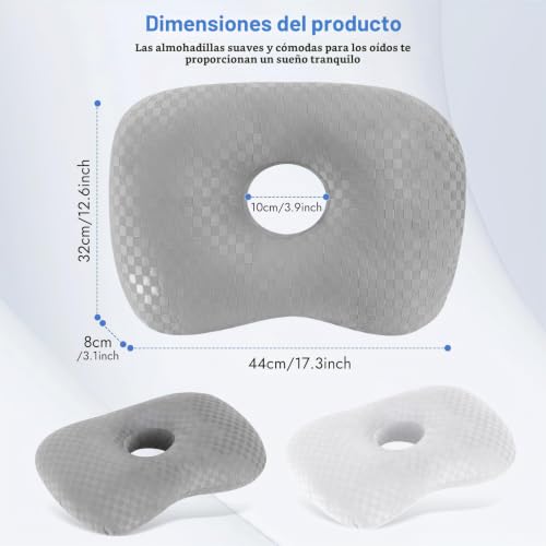 Miniatura 2 de Mapille Almohada Para Dormir De Lado, 44x32x8cm, Almohada Piercing Con Agujero 10cm, Almohada Donut Cojín Ergonómica, Mayor Altura De Relleno, Cuidado De Piercings Para Aliviar Dolor Oído Gris