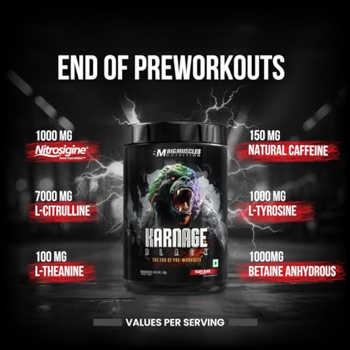 Bigmuscles Nutrition Karnage Black Preworkout [Tiger’s Blood, 420g] | Massive Pump | Laser Focus | Explosive Energy | Gorilla Power | No Itching | with Nitrosigine