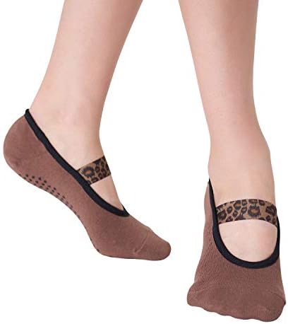Aprilaugust Yoga Socks with Non Slip Grips & Leopard Strap, Perfect for Pilates, Barre, Ballet (Brown leopard strap (1pair), Small)