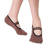 Aprilaugust Yoga Socks with Non Slip Grips & Leopard Strap, Perfect for Pilates, Barre, Ballet (Brow