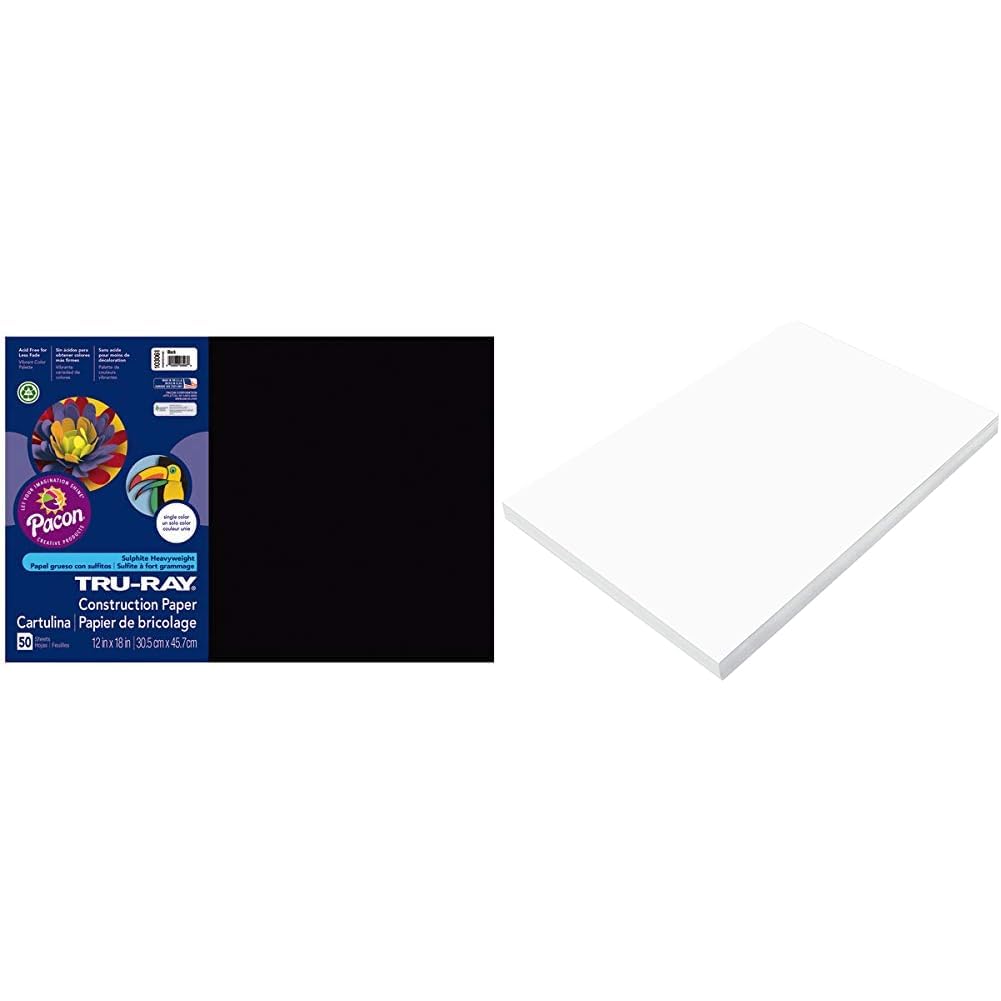 Tru-Ray - 103061 Sulphite Construction Paper, 12 x 18 Inches, Black, 50 Sheets - 054150 & Prang (Formerly SunWorks) Construction Paper, Bright White, 12" x 18", 100 Sheets
