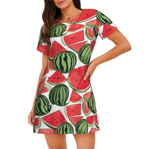 Chemise de nuit pastèque rouge à manches courtes en coton léger pour femme
