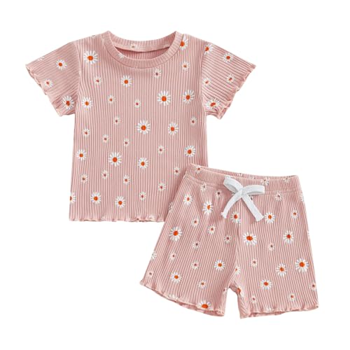 Image of MAHUAOYIXI Toddler Infant Baby Girl Summer Outfit Short Sleeve Crew Neck Floral Print T Shirts Sweatshirt Top and Elastic Waist Shorts 2Pcs Set Clothes for Little Kids Girls (Dark Pink, 12-18 Months)