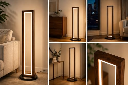 Image of LED Floor Lamp for Living Room & Bedroom, Slim Corner Standing Lamp with Pine Wood Frame & Diffuser, Warm White Ambient Light, Space Saving Modern Minimal Floor Lamp for Home Decor
