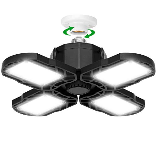 LED Garage Lights, 120W Garage Light 12000 Lumens Deformable LED Ceiling Light with 4 Adjustable Panels, CRI 80, 6500K Retractable Ceiling Lights for Warehouse Basement Barn - with E26 Socket