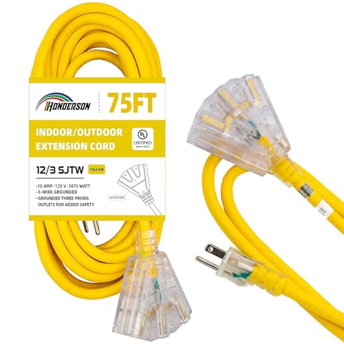HONDERSON 75FT 3-Outlets Weatherproof Extension Cord, Yellow