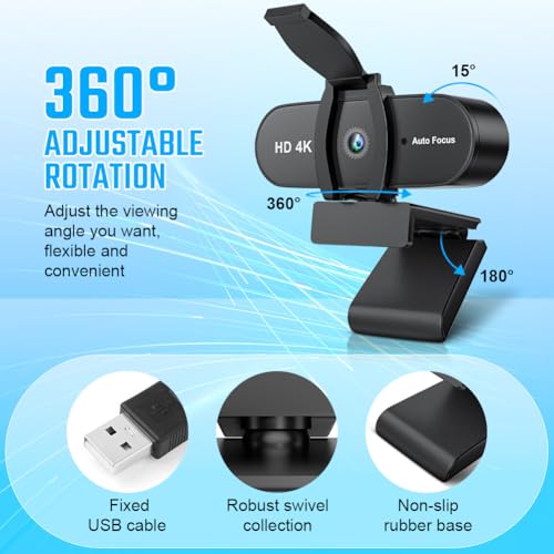 OFFCUP Webcam 4k, Camara Web PC con Microfono y Cubierta de Privacidad, 360°Ajustable Plug and Play USB HD Camara para PC Computadora Videoconferencias Gaming Conferencias - imagen 4
