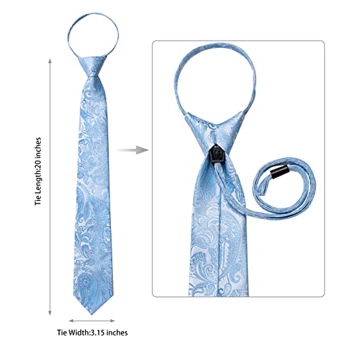 Image of DiBanGu Silk Zipper Ties for Men,Paisley Solid Plaid Pre-tied Tie and Pocket Square Cufflinks Set Formal Adjustable Necktie
