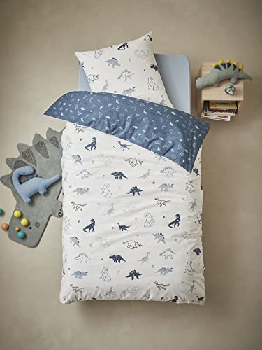 VERTBAUDET Parure de lit Housse de Couette + taie d'oreiller Enfant Hello Dinos écru/Vert 140X150 63X63