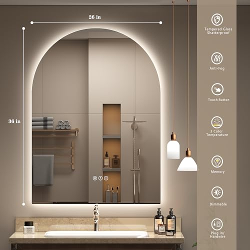 Image of 26x36 Inch Backlit Arched LED Bathroom Mirror | Dimmable Lighted LED Vanity Mirror, Anti-Fog, 3 Colors, Shatterproof, Memory, ETL Listed