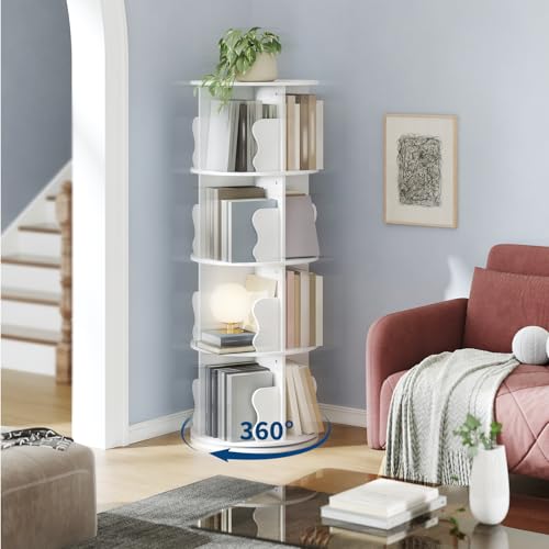 GarveeHome 4 Tier Rotating Bookshelf Tower, Spinning Corner Bookshelf for Small Spaces, Revolving 360° Bookcase Storage Rack Tower, Vertical Rotate Turning Spiral Wood Book Shelf Organizer, White