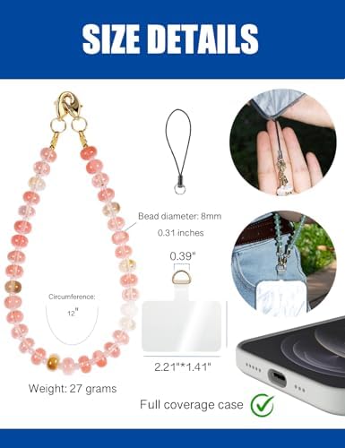 CH.yishi Handmade Natural Gemstone Crystal Beaded Charm Cell Phone Camera Lanyard, Hands-Free Wrist Strap, Phone Chain String, Keychain Decor for Walle (Watermelon Tourmaline) - 2