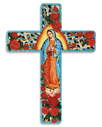 Putuo Decor Floral Cross Wall Decor Painted Decorative Wooden Inspirational Cross Spanish Style Wall Cross Decor Mexican Art Wall Decor Crucifix for Home Room Church Decoration