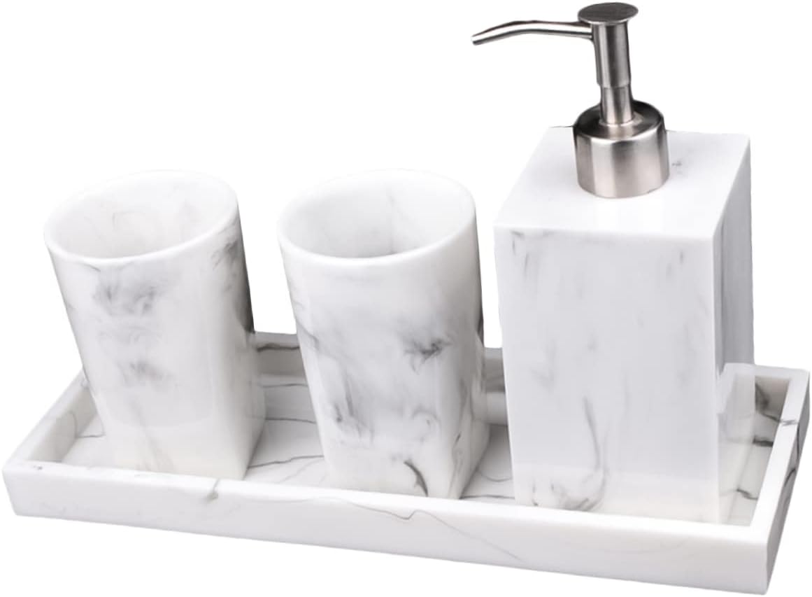 VOSAREA Nordic Marble Pattern 4-Piece Bathroom Accessories Set Resin Soap Dispenser Toothbrush Holder Tumbler and Vanity Tray for Hotel and Home Use