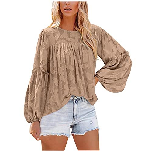 Blusa suelta para mujer, casual, cuello redondo, manga larga, estampado floral, cómoda, para mujer, blusas, túnica, caqui, M Cover