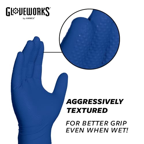 GLOVEWORKS HD Royal Blue Nitrile Industrial Disposable Gloves, 6 Mil Latex-Free, Raised Diamond Texture, Medium, Box of 100 - Thumbnail 3