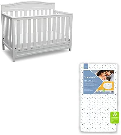 Delta Children Emery 4-in-1 Crib, White + Simmons Kids Quiet Nights Dual Sided Crib and Toddler Mattress (Bundle)