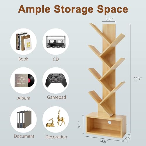 Image of Hoctieon 6 Tier Tree Bookshelf, Tall Bookcase with Drawer, Freestanding Book Shelf, Display Floor Standing Storage Shelf, Book Organizer Shelves for Home Office, Living Room, Bedroom, Yellow