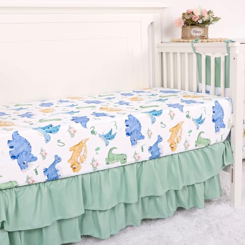 Image of TANOFAR 4-Piece Crib Bedding Set for Baby Boys, Blue Dinosaur Nursery Bedding Set Includes Comforter, Fitted Crib Sheet, Crib Skirt, and Diaper Stacker, Dinosaur